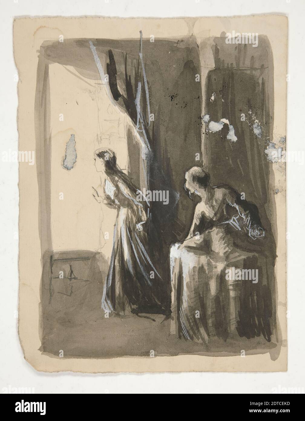 Künstler: Edwin Austin Abbey, amerikanisch, 1852–1911, M.A., 1897, zwei Frauen im Innenraum - unidentifizierte Illustration, Graphit, Stift und schwarz-weiße Tuschewaschungen, chinesisch weiß auf Wove-Papier, 16 × 12 cm (6 5/16 × 4 3/4 in.), Made in United States, American, 19th century, Works on Paper - Zeichnungen und Aquarelle Stockfoto