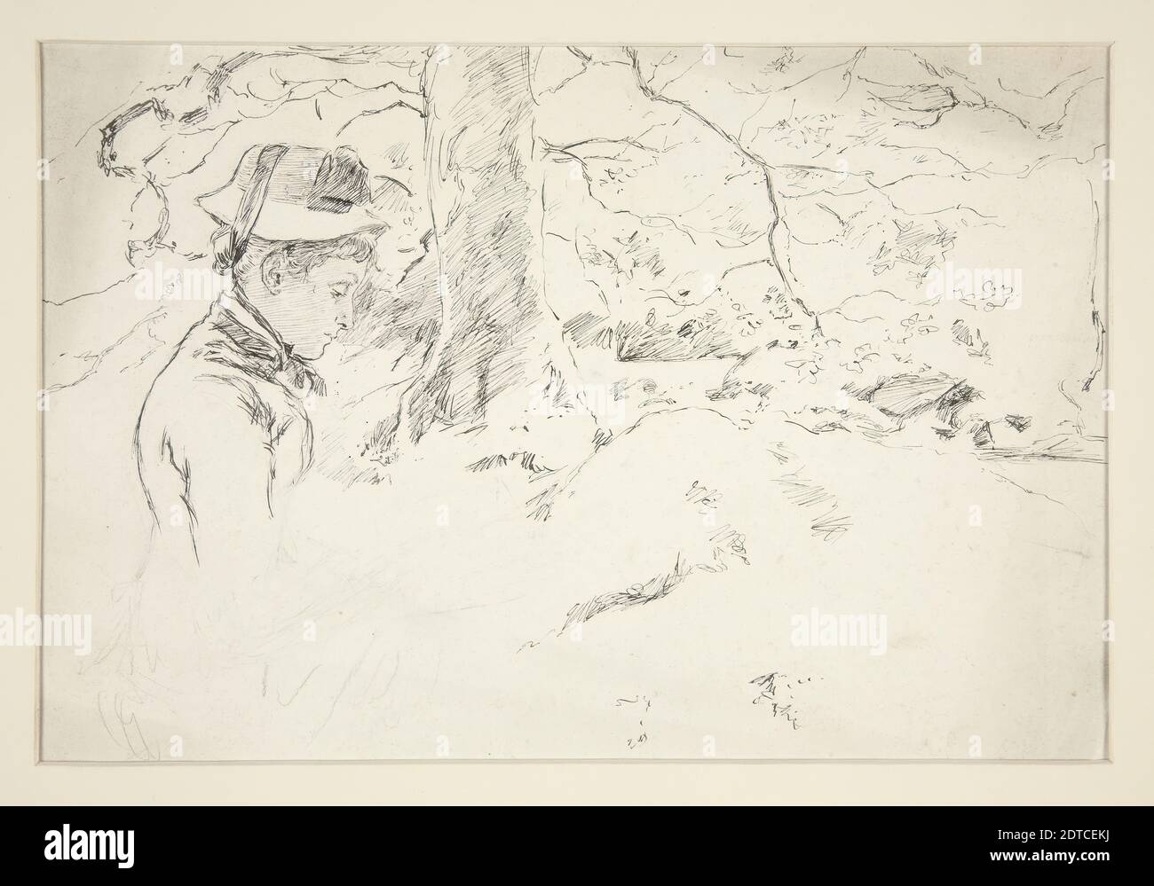 Künstler: Edwin Austin Abbey, amerikanisch, 1852–1911, M.A., 1897, Frau im Garten sitzend - unidentifizierte Illustration, Stift und Tinte, Graphit, wove, 17.7 × 25.6 cm (6 15/16 × 10 1/16 in.), Made in United States, American, 19th century, Works on Paper - Zeichnungen und Aquarelle Stockfoto
