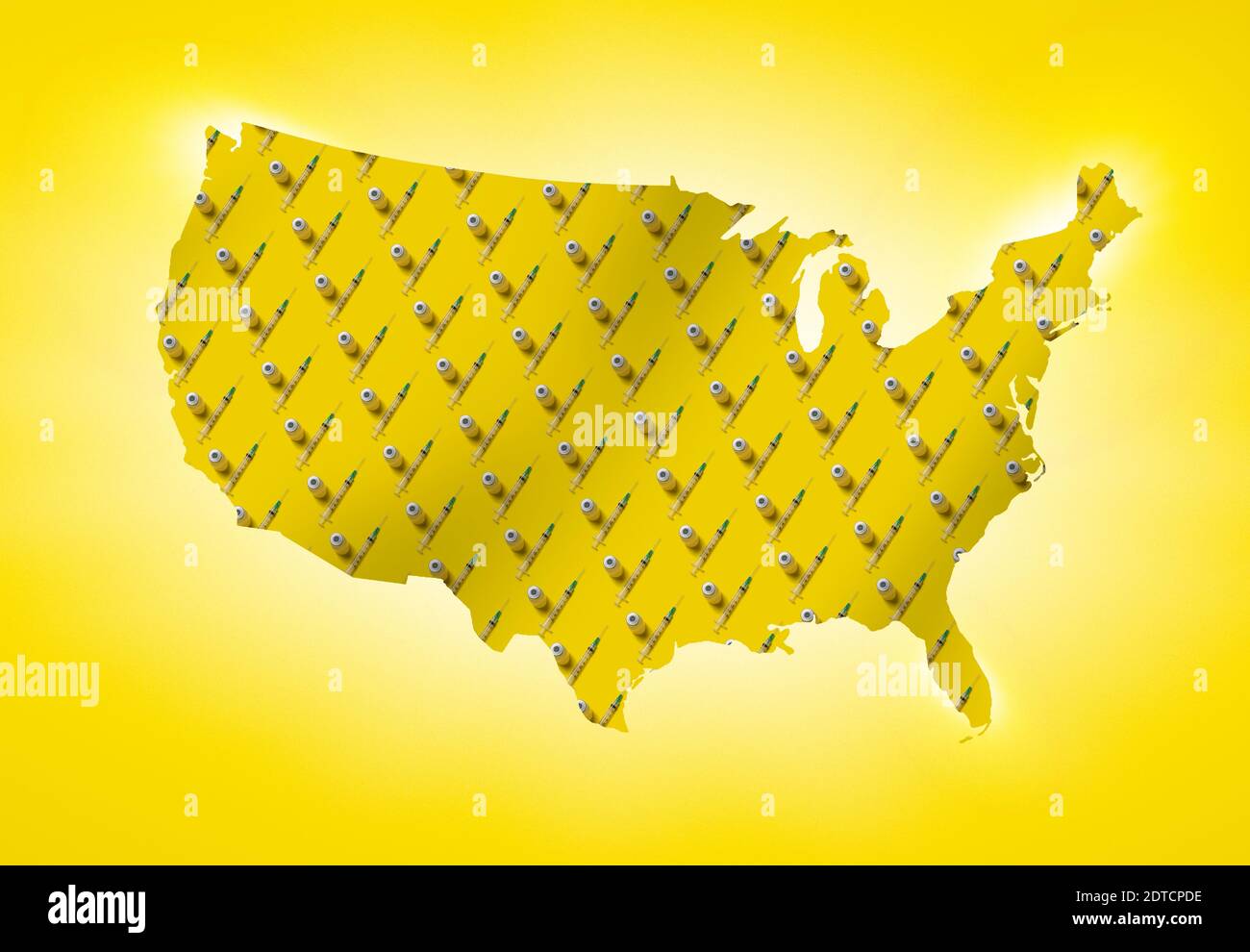 Reihen von Laborfläschchen und Spritzen auf gelber Form von USA Stockfoto