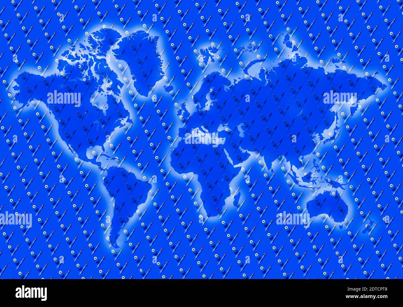 Reihen von Laborfläschchen und Spritzen mit Weltkarte in Hintergrund Stockfoto