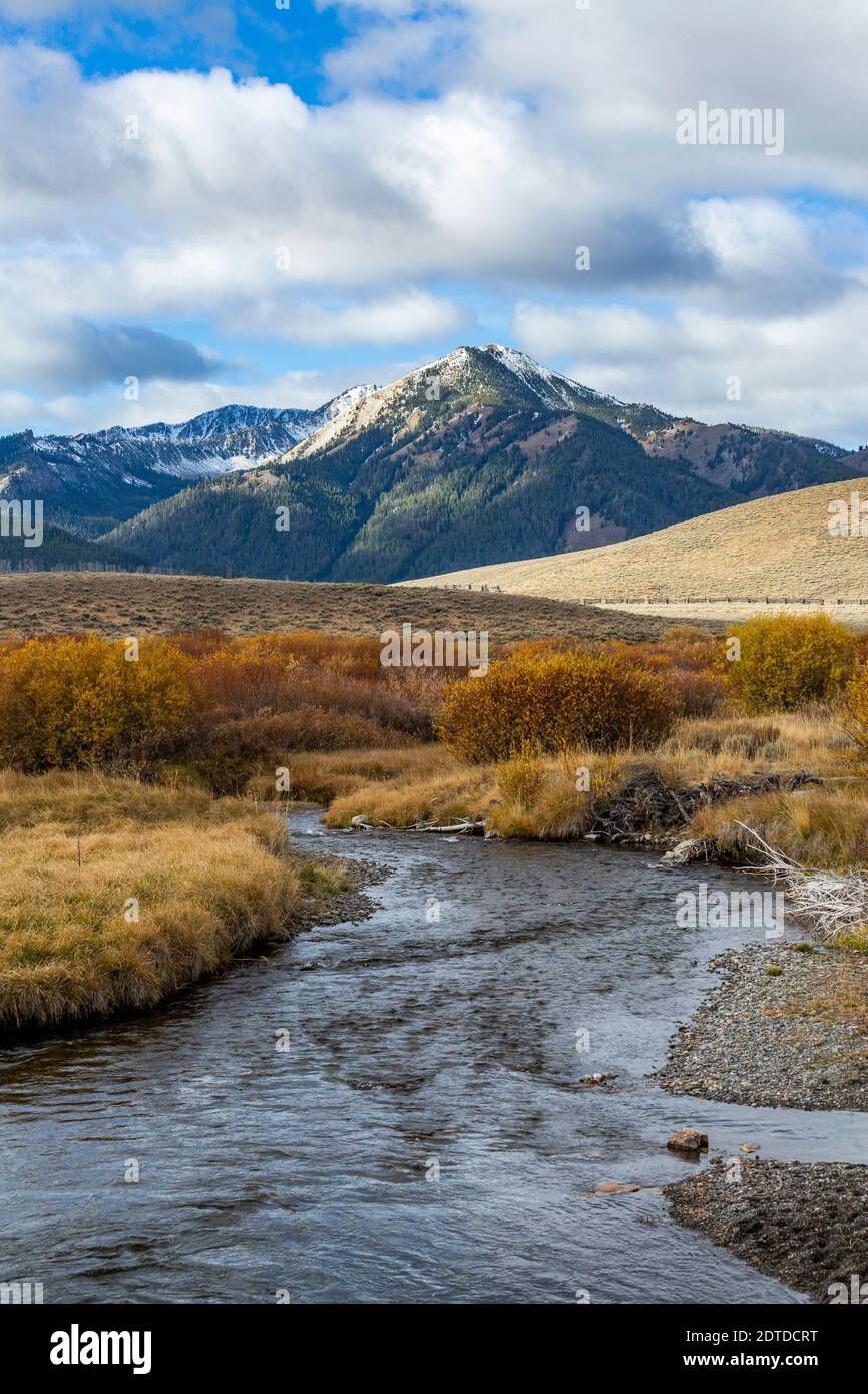 USA, Idaho, Stanley, Landschaft mit Bach und Bergen Stockfoto