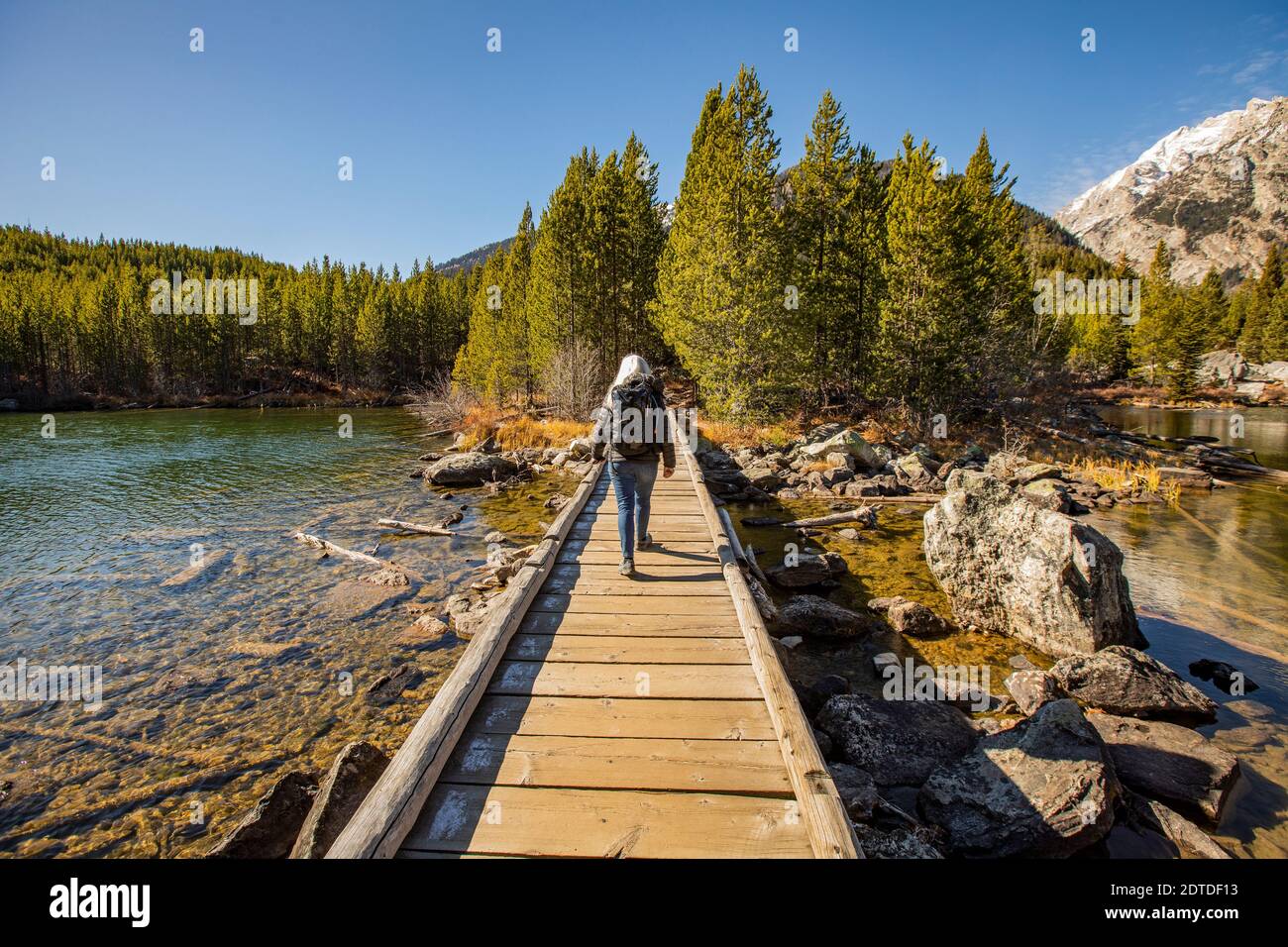 USA, Wyoming, Jackson, Grand Teton National Park, Senior Woman Walking on Holzweg über Taggart Lake im Grand Teton National Park Stockfoto