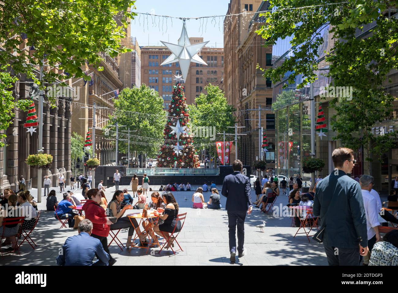 Weihnachtsbaum in Martin Place Sydney Stadtzentrum auf einem Sommer Tag, Sydney, Australien Stockfoto