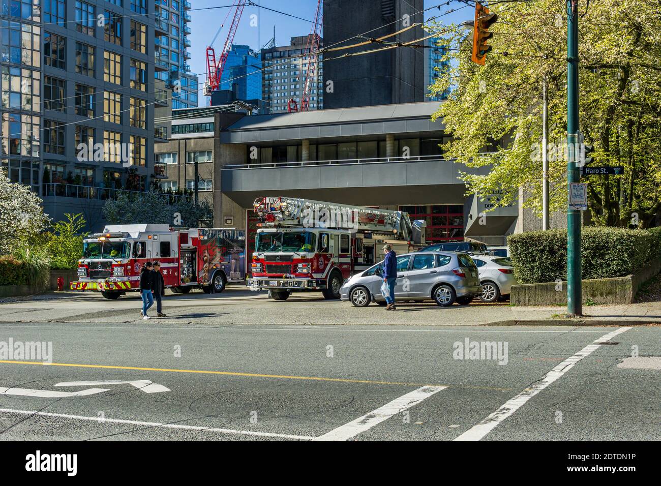 VANCOUVER, KANADA - 14. APRIL 2020: Stadtfeuerwache an einem sonnigen Frühlingstag in der Innenstadt. Stockfoto