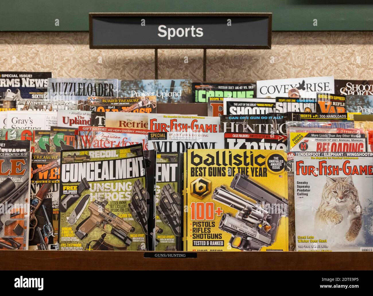 Sport- und Waffenzeitschriften in Regalen, Barnes and Noble, USA Stockfoto