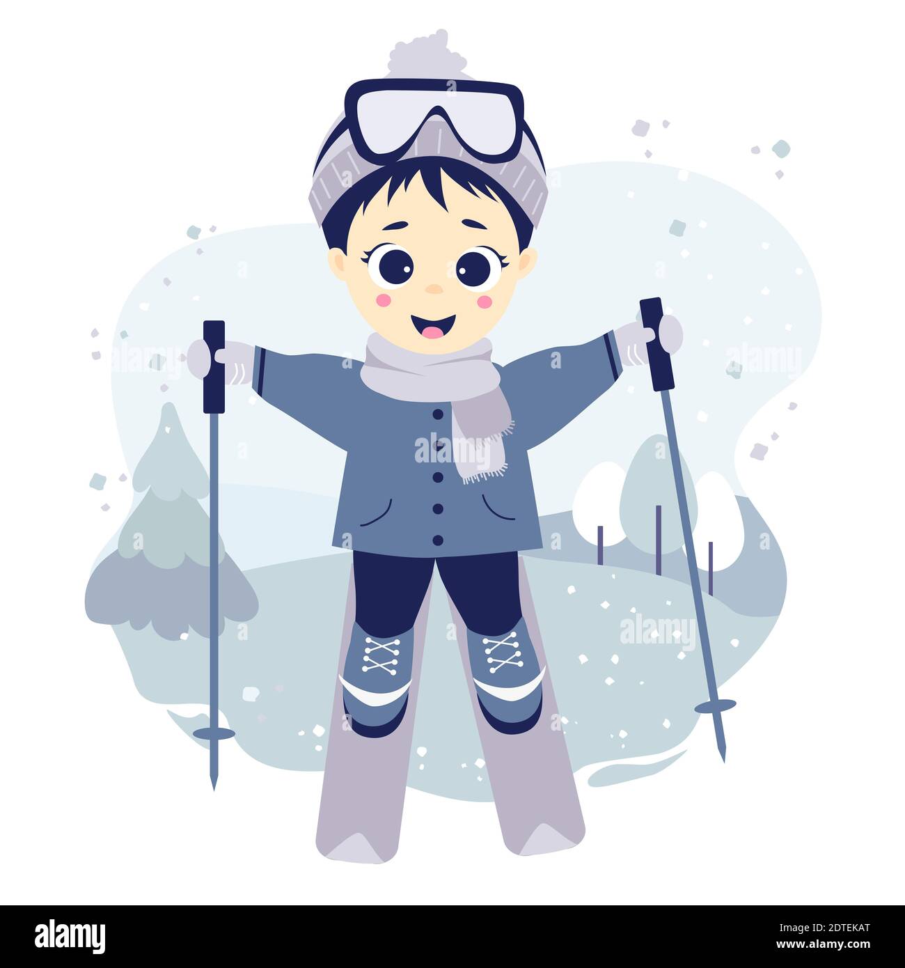 Wintersport. Boy Athlet Skifahren auf einem dekorativen Hintergrund mit einer Winterlandschaft, Bäumen und Schnee. Foto, Raster. Kinderkollektion für Design, p Stockfoto