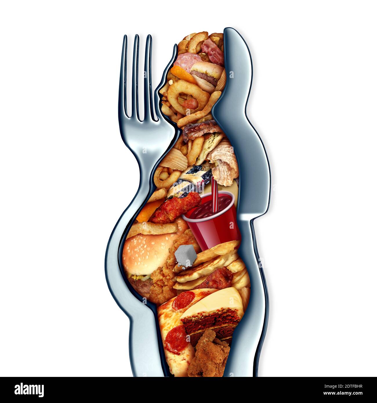 Übergewichtige übermäßiges Essen und Essen zu viel Fast Food und Gewichtszunahme oder Adipositas Konzept als Gabel und Messer als übergewichtige Person mit Lebensmitteln geformt. Stockfoto