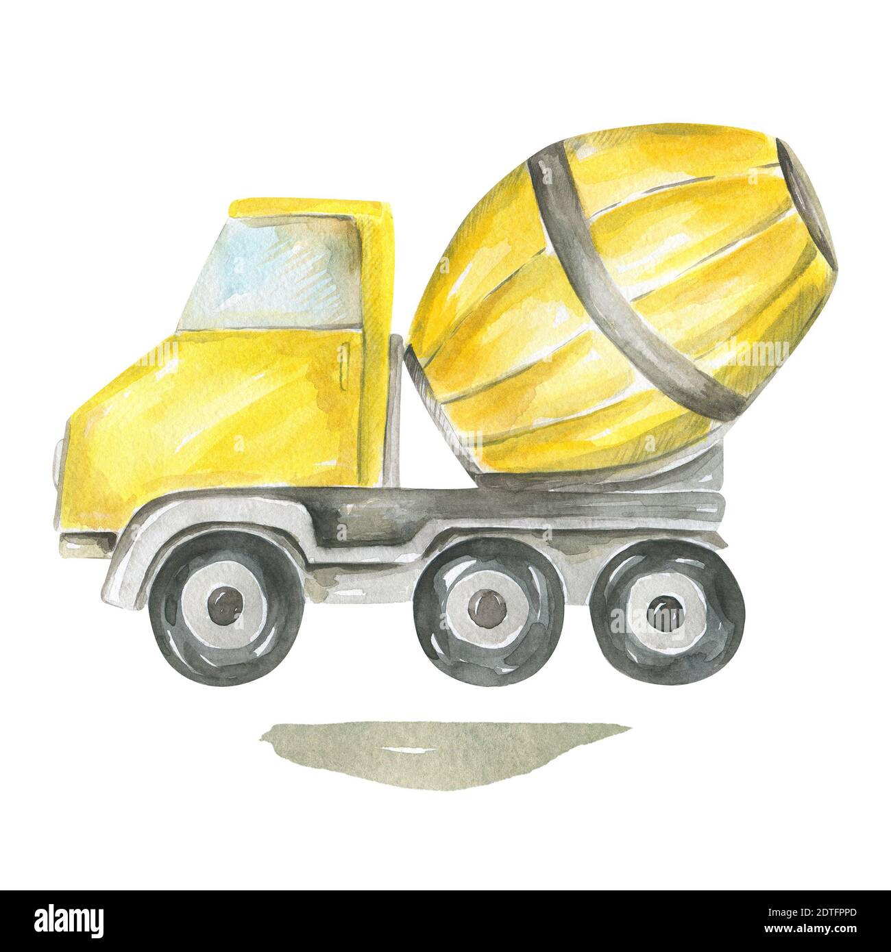 Cute Cartoon Illustration der Konstruktion gelben Beton Mischer LKW. Handbemaltes Aquarell Kinderdesign Stockfoto