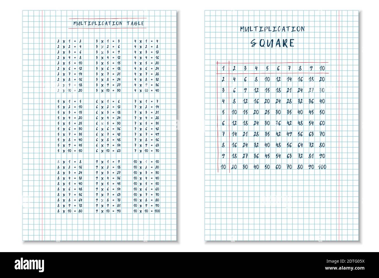 Satz von Hand gezeichnete Multiplikation Tabelle und Multiplikation Quadrat auf karierten Notizbuchblätter. vektor-Illustration für den Druck auf Kinder-Lehrbuch Stock Vektor
