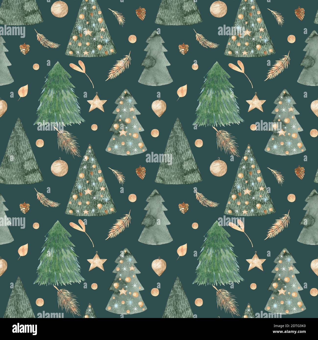 Aquarell Weihnachtsmuster, Weihnachtsbaum, Texturen. Nahtloses Muster handbemalte Winterelemente auf grünem Hintergrund Stockfoto