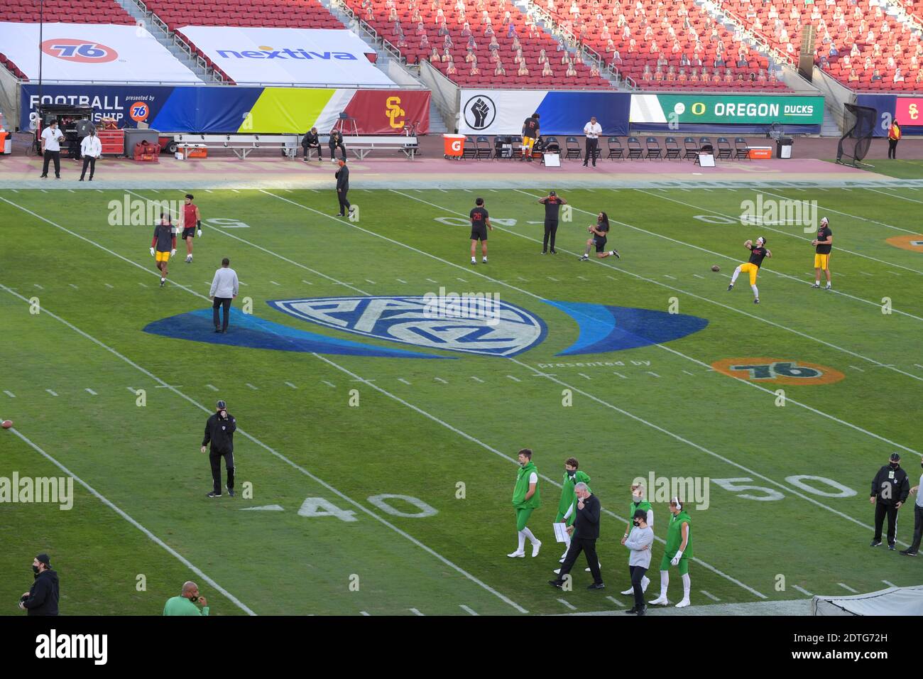 Allgemeine Gesamtansicht der Beschilderung der Fußballmeisterschaft Pac-12 während einer NCAA Fußballspiel zwischen den Oregon Ducks und dem Süden Kalifornische Trojaner Stockfoto