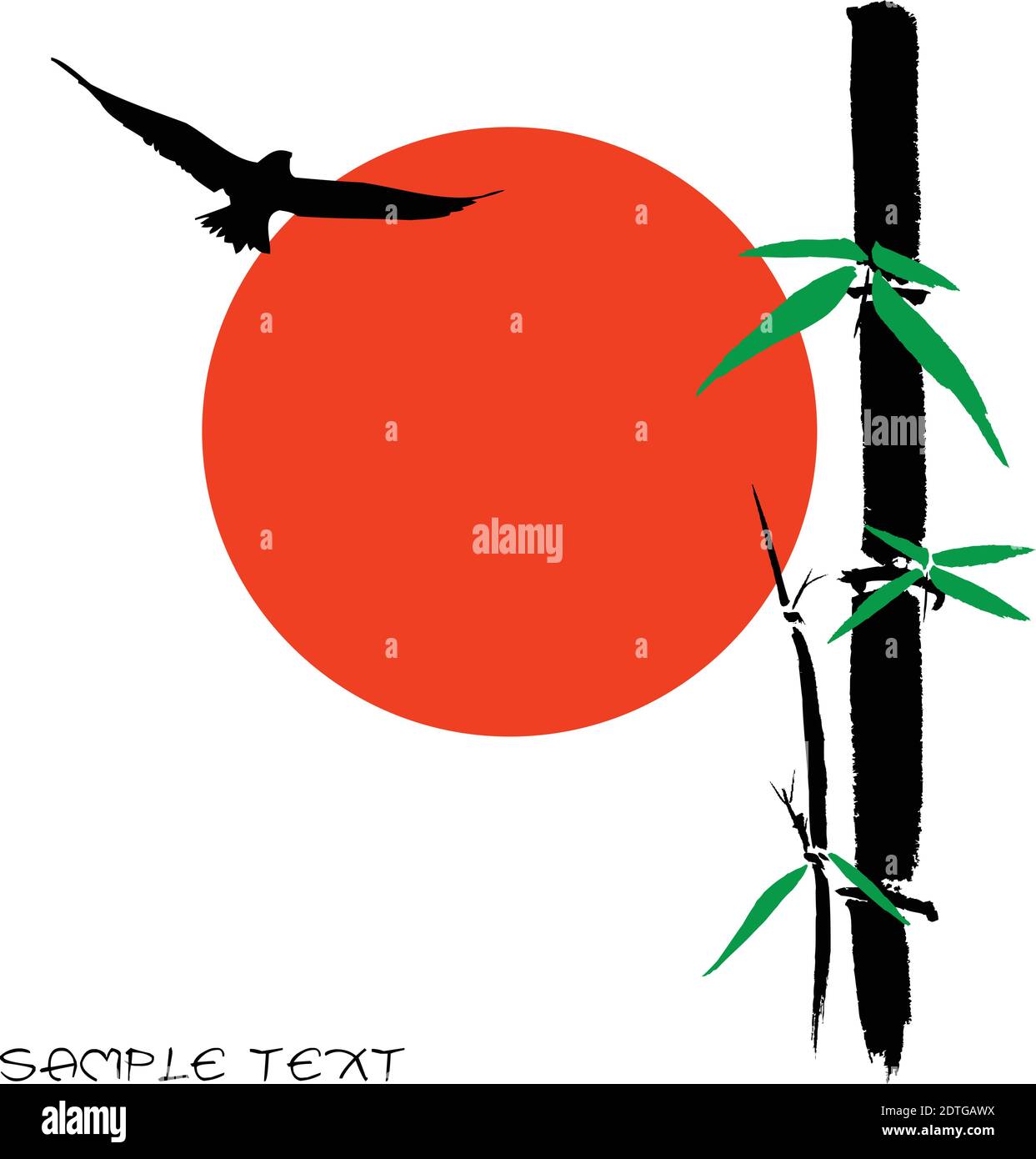 Handgezeichnete Illustration einer Bambus- und Sonnensilhouette vor weißem Hintergrund. Leicht editierbare Vektorgrafik mit Ebenen. Vögel. Stock Vektor