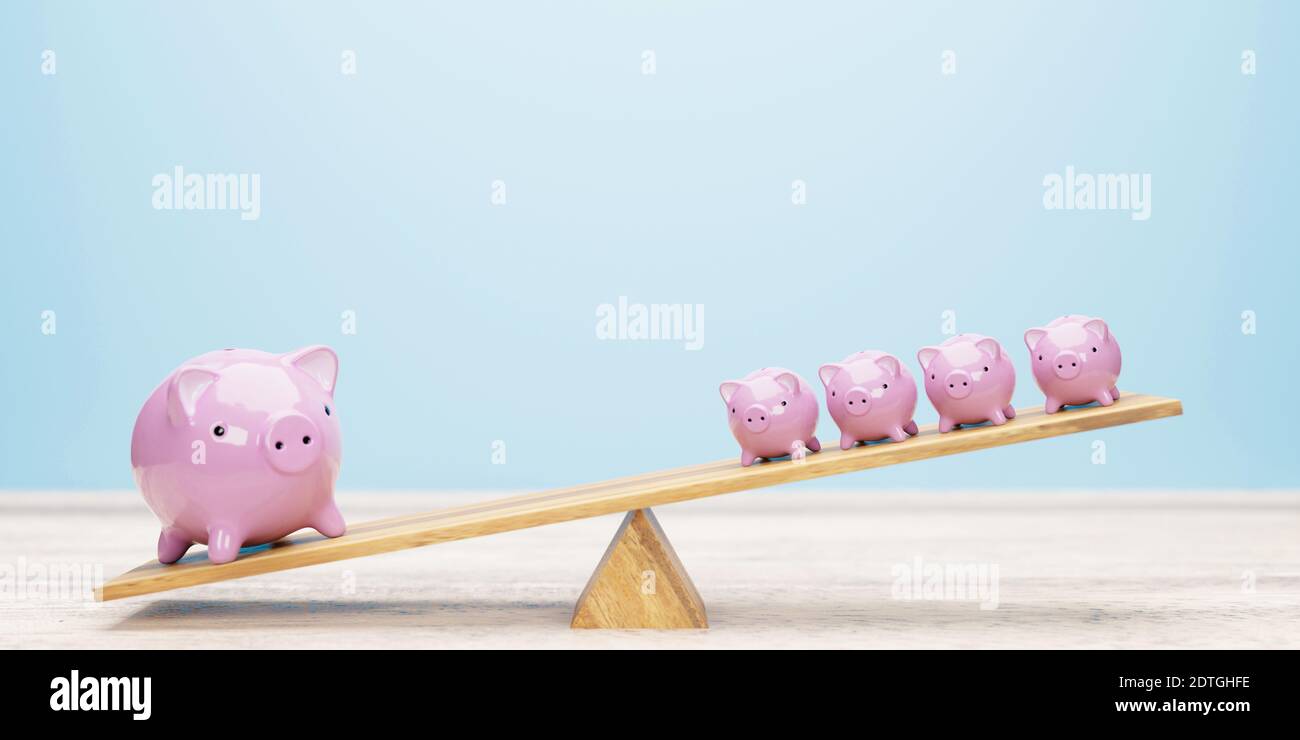 Rosa Sparschweine balancieren auf Wippe 3d-Illustration Stockfoto