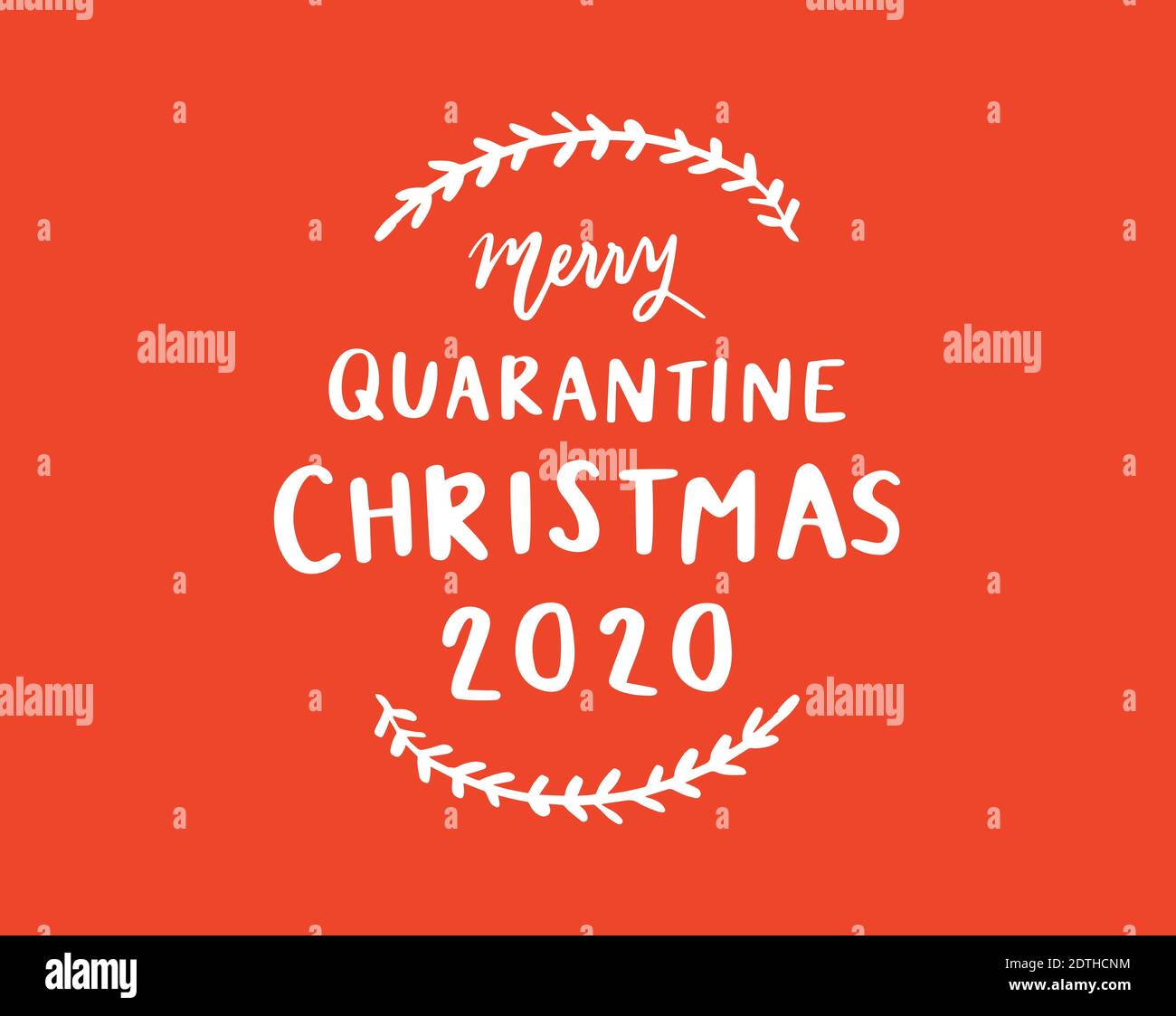 Frohe Quarantäne Weihnachten 2020 Handgezeichneter Text auf buntem Orange Hintergrund Stock Vektor