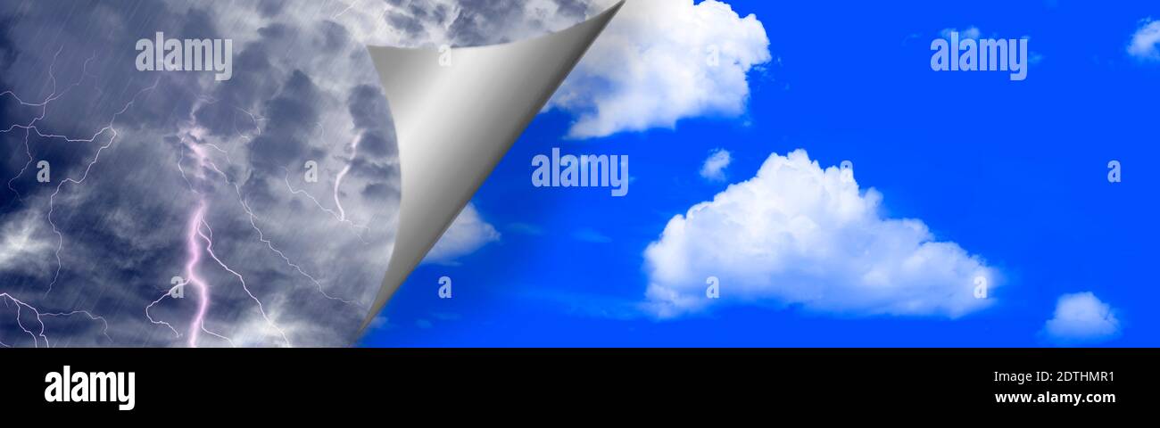 Positives Veränderungskonzept von Gewitterwolken zu hellblau Himmel Tag Panorama Stockfoto