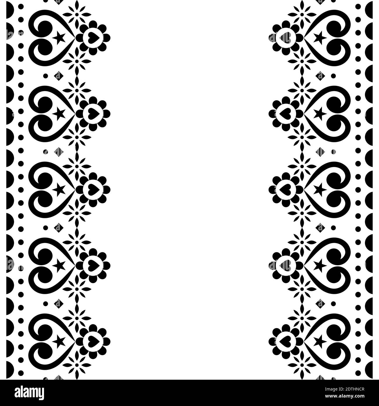 Valentinstag Vektor Grußkarte repetitive Design oder Hochzeit inviatation - Skandinavische schwarze nahtlose Stickerei Folk Art Stil Design mit Fluss Stock Vektor