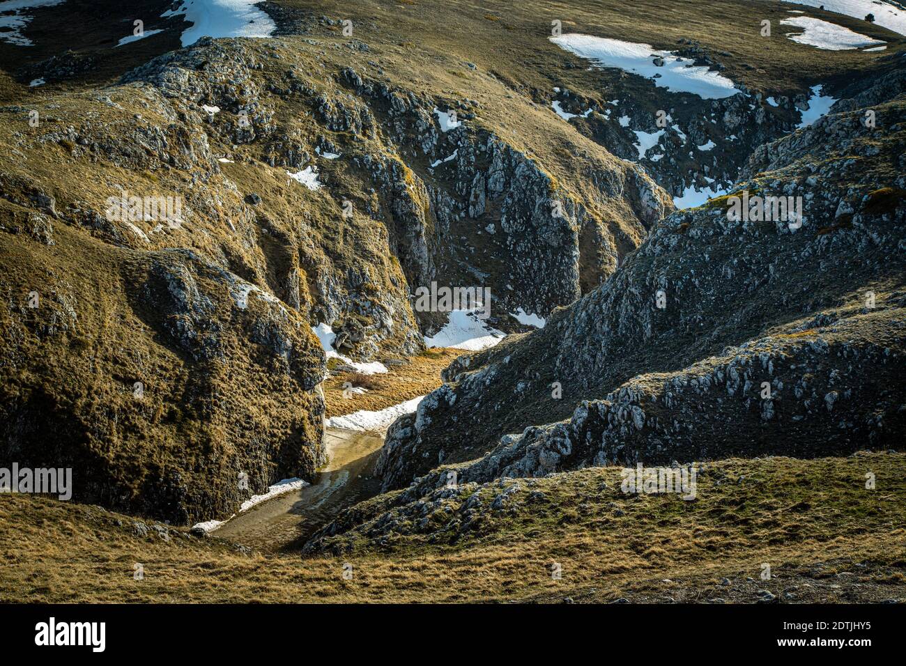 Der Scopaturo Canyon wurde verwendet, um italienische westliche Filme zu drehen. Campo Imperatore, Abruzzen, Italien, Europa Stockfoto