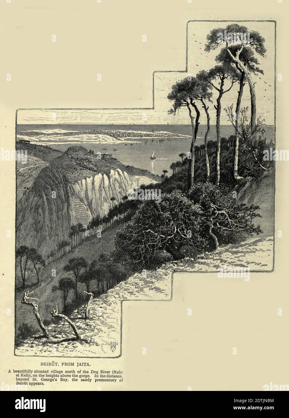 Holzstich von Beirut, von Jaita. Ein wunderschön gelegenes Dorf nördlich des Dog River (Nahr el Kelb), auf den Höhen über der Schlucht. In der Ferne, jenseits der St. George's Bay, erscheint die sandige Landzunge von Beirût. Aus "malerischen Palästina, Sinai und Ägypten" von Wilson, Charles William, Sir, 1836-1905; Lane-Poole, Stanley, 1854-1931 Band 3. Veröffentlicht in von J. S. Virtue and Co 1883 Stockfoto