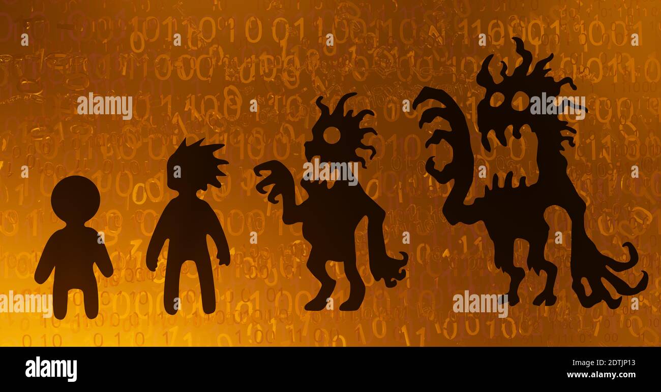 Identität korrumpierende Schatten, orange Farbe, Cyberspace virtuelle Realität abstrakte 3d-Illustration, horizontal Stockfoto