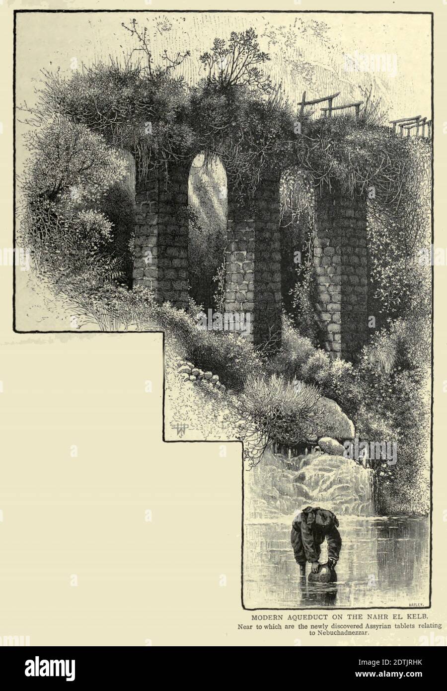 Holzstich des modernen Aquädukts auf dem Nahr el Kelb, in dessen Nähe sich die neu entdeckten assyrischen Tafeln zu Nebukadnezar befinden. Aus 'pittoresken Palästina, Sinai und Ägypten' von Wilson, Charles William, Sir, 1836-1905; Lane-Poole, Stanley, 1854-1931 Band 3. Veröffentlicht in von J. S. Virtue and Co 1883 Stockfoto