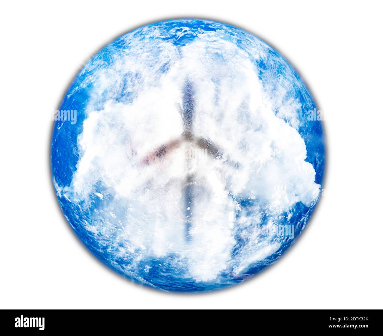 Planet Erde mit einer Windturbine geformten Wolke Formationskonzept Auf weißem Hintergrund Stockfoto