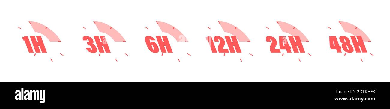 Satz von Symbolen mit einer Uhr. Stunde, drei, sechs, zwölf, 24, 48. Stock Vektor