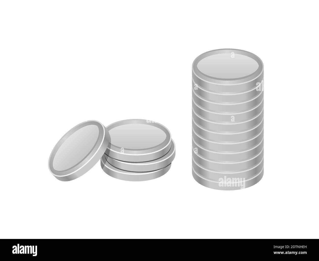 Silbermünzen Stapel. Zwei Stapel realistischer Metallwährung. Banking, Wirtschaft, Vermögenskonzept. Investitionen. Silberreserven. Silberpreis. Isoliert Stock Vektor