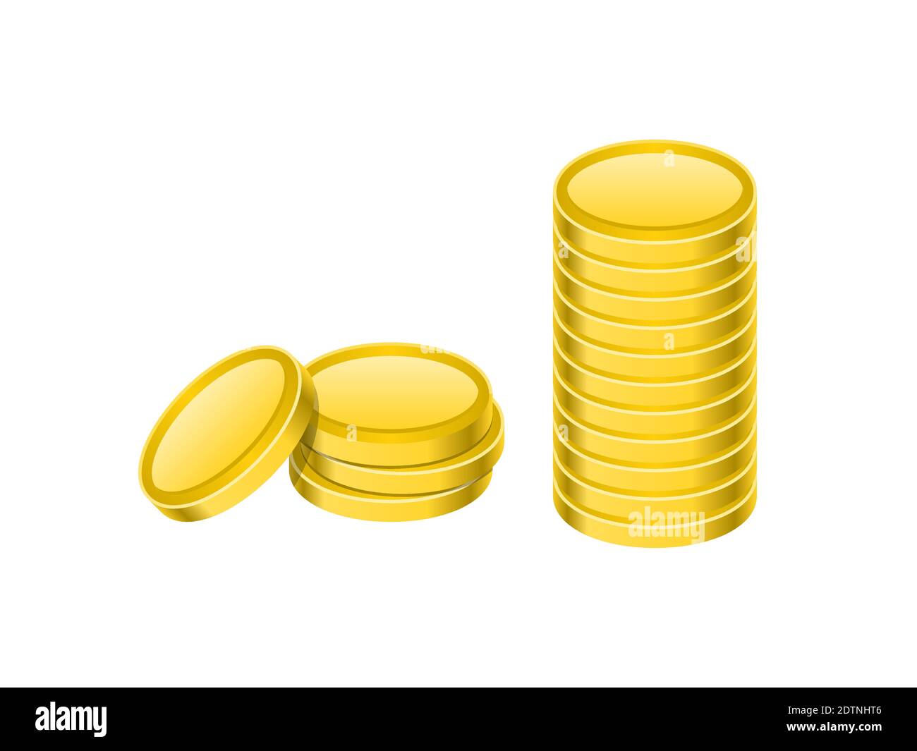 Goldene Münzen Stapel. Zwei Stapel realistischer Metallwährung. Banking, Wirtschaft, Vermögenskonzept. Investitionen. Goldreserven. Goldpreis. Isoliert auf Weiß Stock Vektor