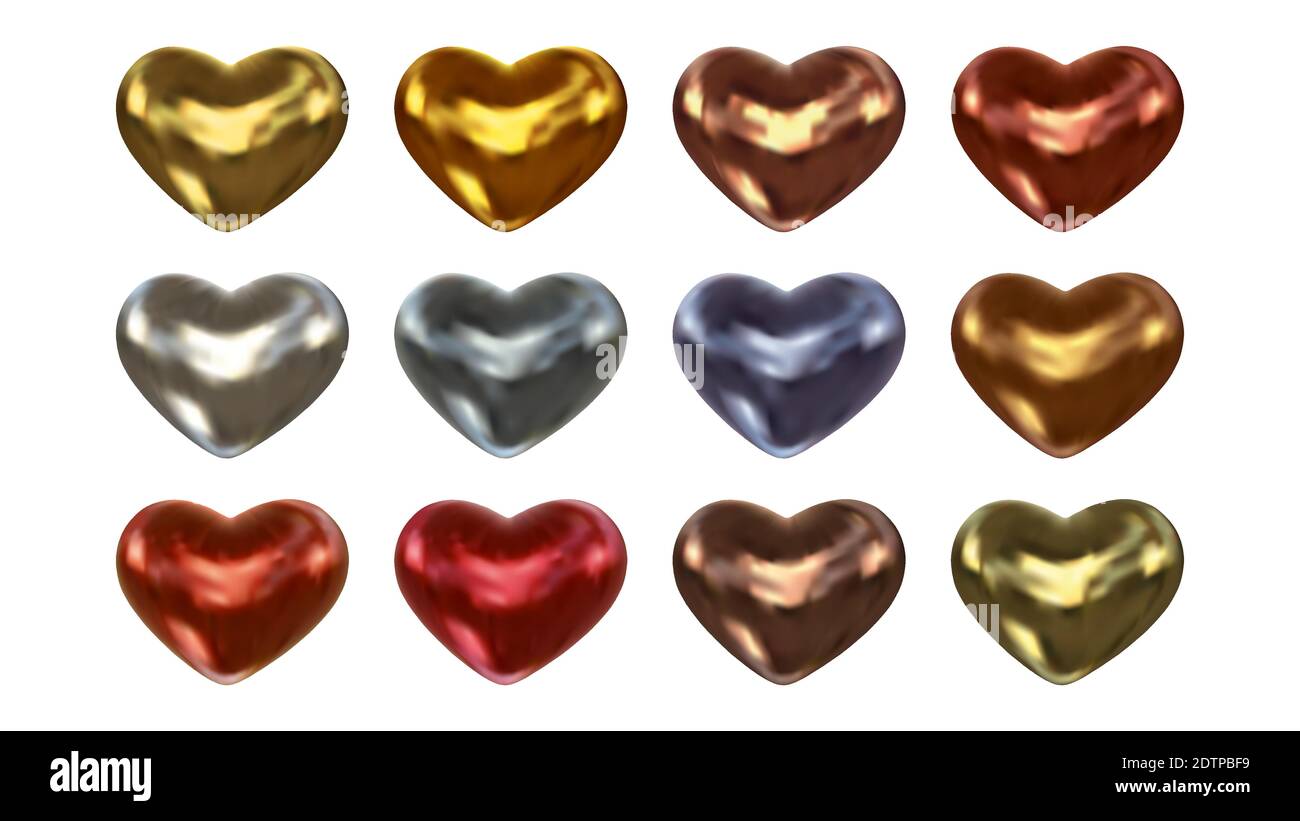 Set von realistischen glänzend metallischen Farbe Herzen für Valentinstag isoliert auf weißem Hintergrund. Romantisches Symbol der Liebe mit glänzenden Herzform Stock Vektor
