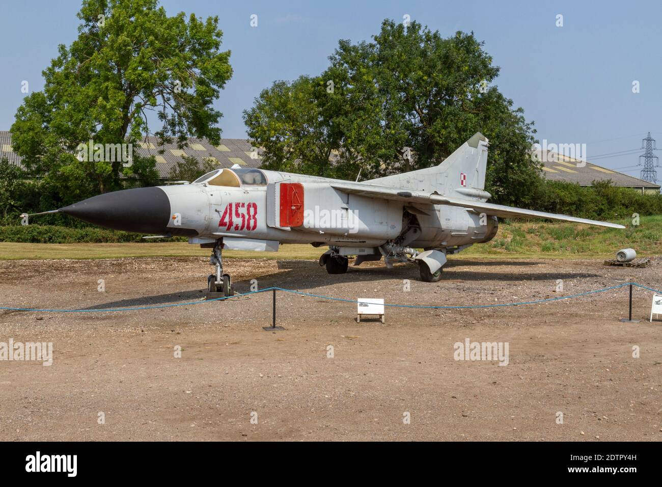 Eine sowjetische MiG-23 (Mikoyan-Gurevich) 'Flogger' 07 Luftkampfjäger, Newark Air Museum, in der Nähe von Newark-on-Trent, Nottinghamshire, Großbritannien. Stockfoto