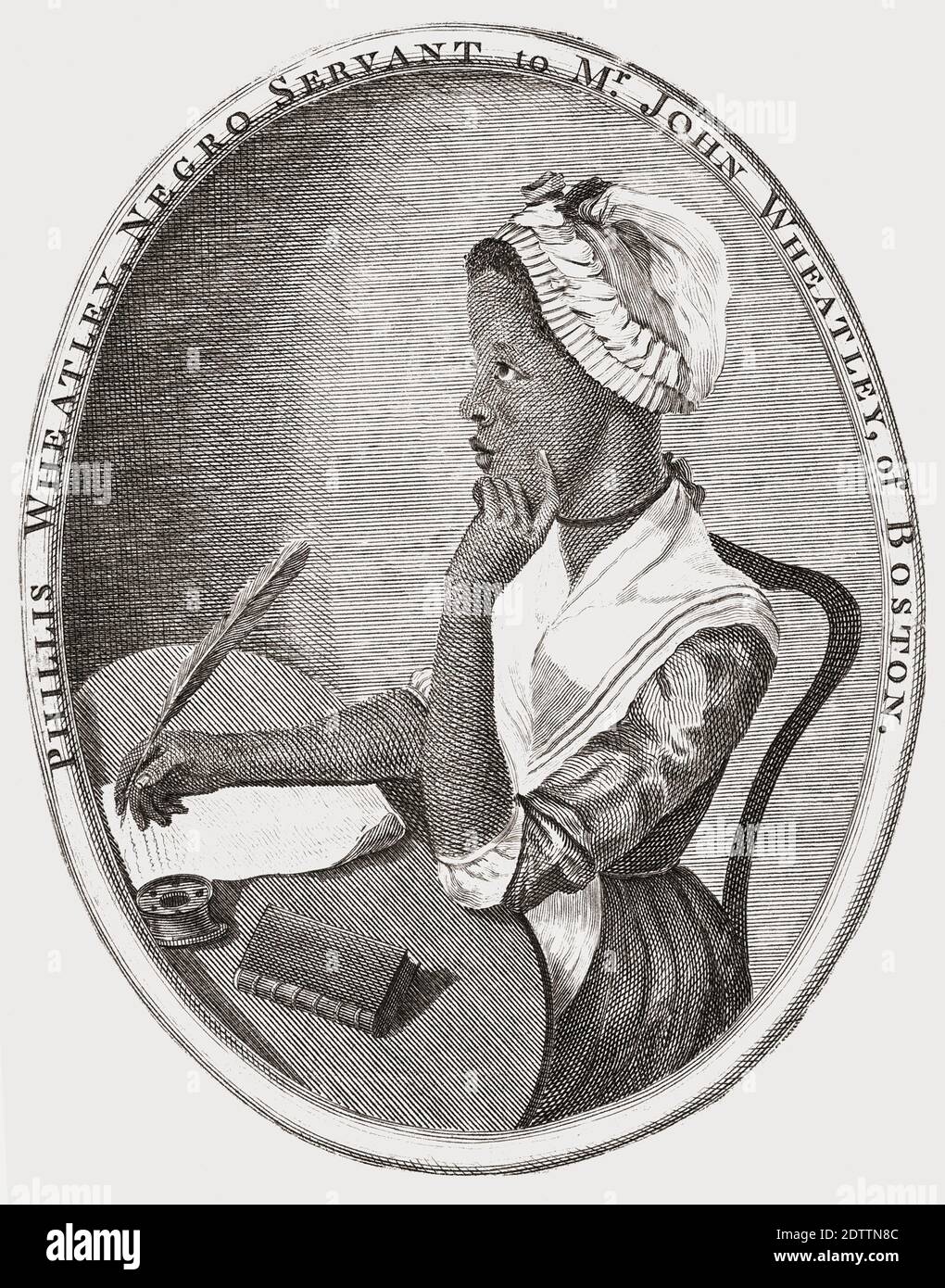 Phillis Wheatley, c. 1753 - 1784. Sie wurde in Westafrika geboren, in Sklaverei verkauft, bevor sie zehn Jahre war und nach Nordamerika transportiert wurde, wo sie von der Wheatley-Familie in Boston gekauft wurde, die ihr beibrachte, zu lesen und zu schreiben. 1773 hatte sie ein Gedichtband geschrieben und war die erste afroamerikanische Autorin, die ihre Werke veröffentlichte. Stockfoto