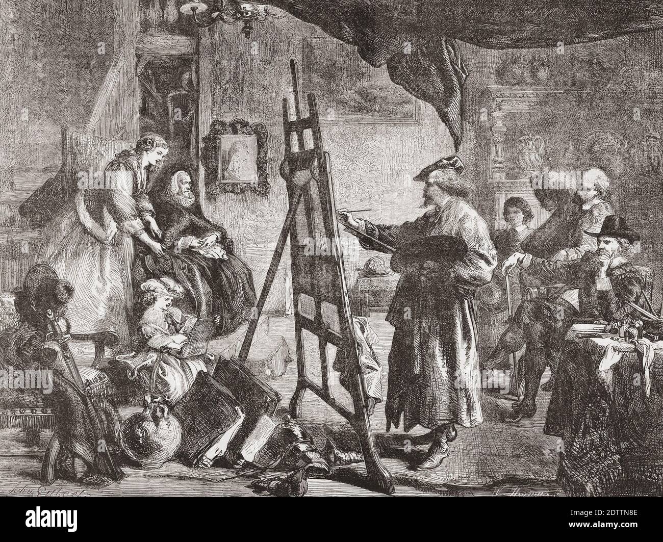 Rembrandt in seinem Atelier. Rembrandt Harmenszoon van Rijn, 1606 - 1669. Niederländischer Künstler. Nach einem Stich von William Luson Thomas nach einem Werk von Sir John Gilbert. Stockfoto
