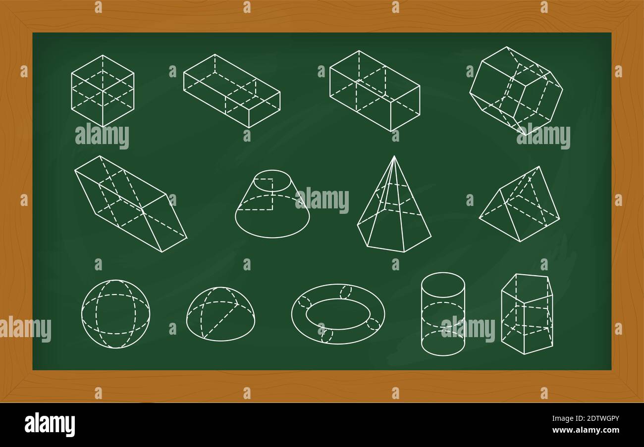 Grüne Schultafel mit isometrischen Grundfiguren isoliert auf weißem Hintergrund. Schwarzes Brett für Klassenzimmer. Vektorkonzept für Geometrieunterricht Stock Vektor