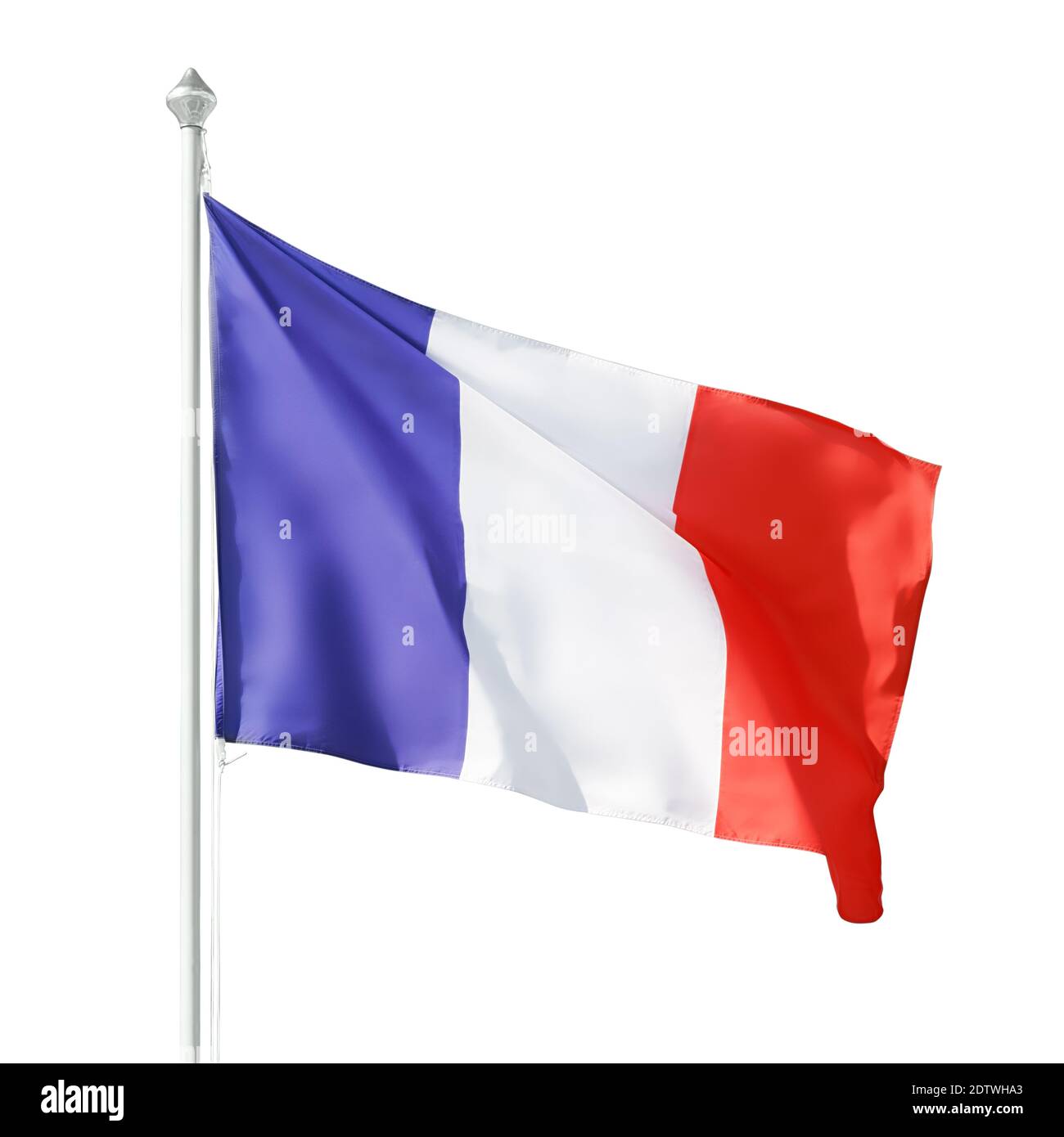 Flagge der Französischen republik auf Fahnenmast. Isoliert auf weiß, Beschneidungspfad enthalten Stockfoto