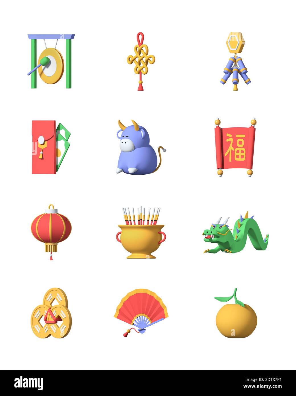 Chinese New Year - Set von bunten 3d-Symbole. Feiertagssymbole, Kultur und nationale Traditionen Idee. Laterne, Drache, Feuerwerkskörper, Knoten, feng Shui Coi Stockfoto