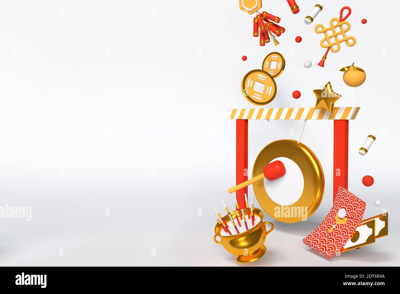 Frohes neues Jahr 2021 - modernes buntes 3d Banner Template mit Platz für Wünsche. Grußkarte mit chinesischen Feiertag Symbole, Kultur-Idee. Feng Shui Co Stockfoto