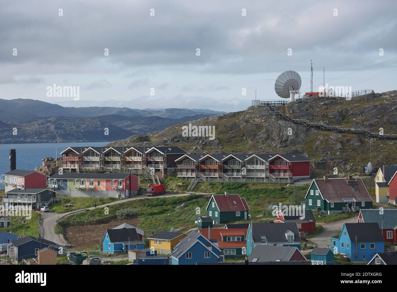 Blick auf Qaqortoq in Grönland. Die Stadt liegt im südlichen Grönland mit einer Bevölkerung von rund 4,000 Menschen. Stockfoto