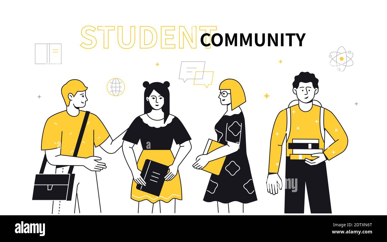 Student Community - bunte flache Design-Stil Illustration mit Linienelementen auf weißem Hintergrund. Eine Komposition mit einer Gruppe von Teenagern, glücklicher Junge Stock Vektor