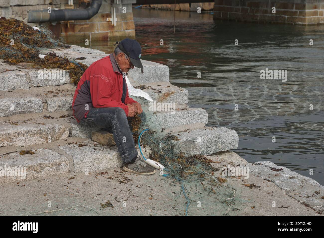 Qaqortoq, Grönland - 28. August 2017: Inuit eskimo Mann bereitet frischen Fisch auf einem Markt in Qaqortoq Grönland. Stockfoto
