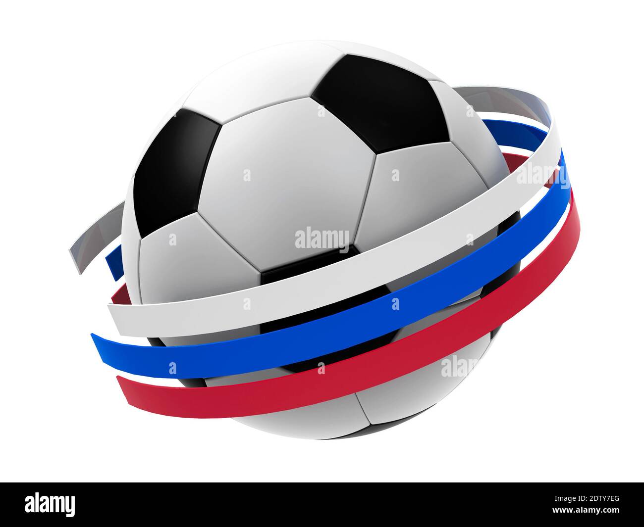 Fußball mit Streifen in Form von russischen Flagge isoliert auf weißem Hintergrund, stellt WM 2018 - Russland Fußballmeisterschaft, dreidimensional Stockfoto