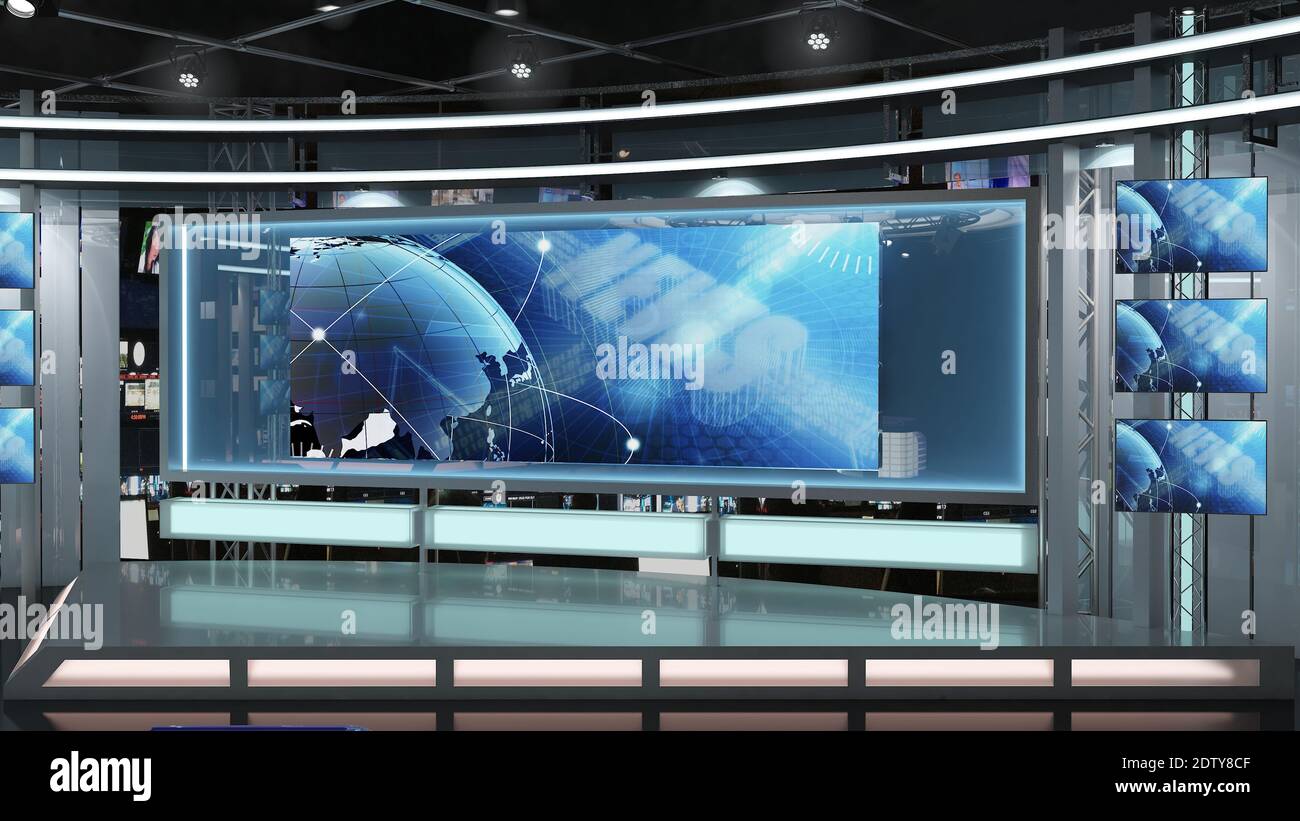 Virtual TV Studio News Set 1.2-12 Green Screen Hintergrund. 3d-Rendering. Virtuelles Set Studio für Chroma-Footage. Wo immer Sie es wollen, mit einer einfachen se Stockfoto