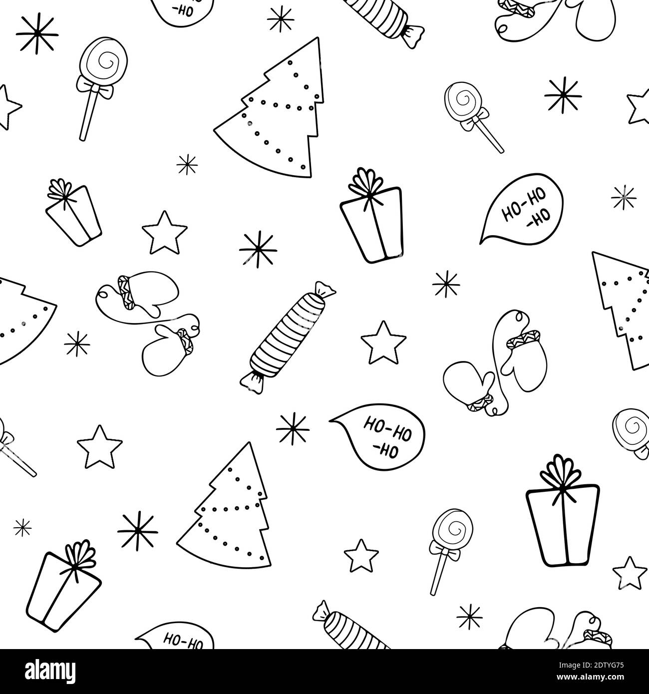 Weihnachten nahtlose schwarz-weiß-Muster mit Geschenk, weihnachtsbaum, Süßigkeiten, Handschuhe, Stern, Schneeflocke Urlaub Ikonen, Silvester Feier Elemente. Des Stockfoto
