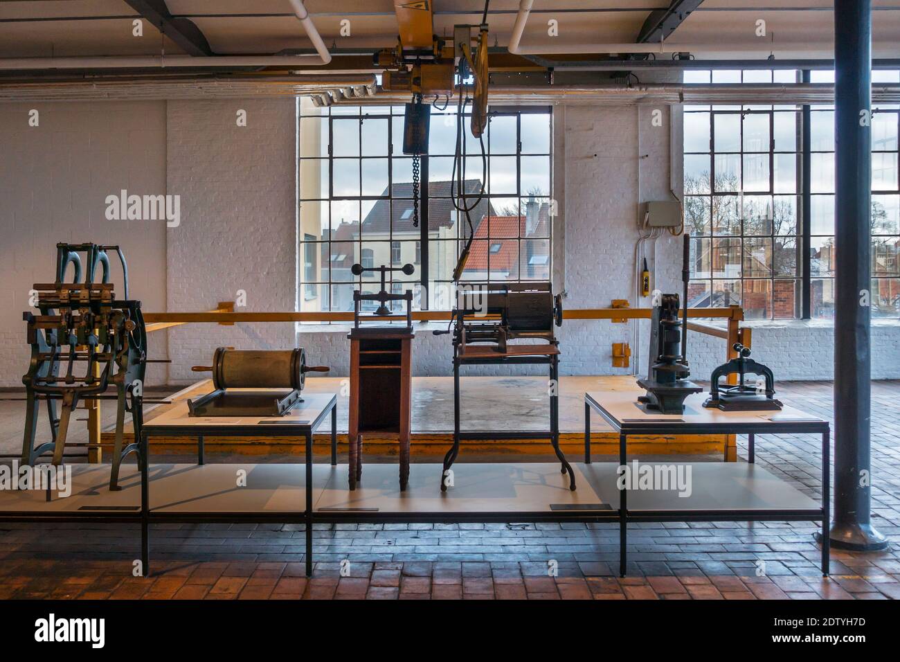 Alte Druckmaschinen im Industriemuseum (ehemals MIAT) Museum über die Textil- und Grafikindustrie in Gent, Ostflandern, Belgien Stockfoto