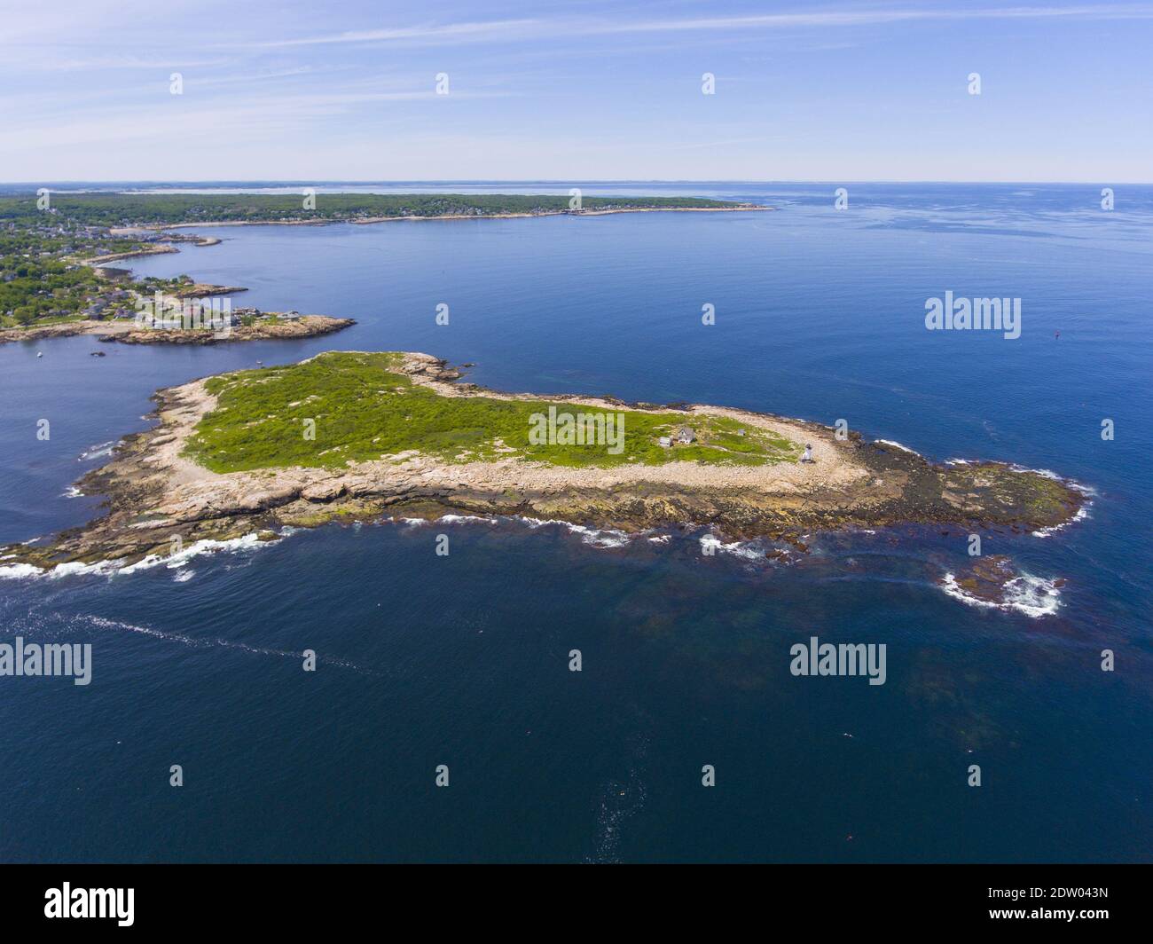 Straitsmouth Island Leuchtturm Luftaufnahme auf Straitsmouth Island in der Stadt Rockport, Cape Ann, Massachusetts MA, USA. Stockfoto