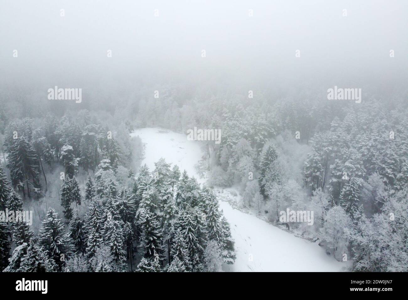 Luftaufnahme des gefrorenen Flusses im Winterwald mit verschneiten Bäumen. Winterlandschaft, Luftlandschaft mit Fluss und Bäumen bedeckt weißen Schnee Stockfoto
