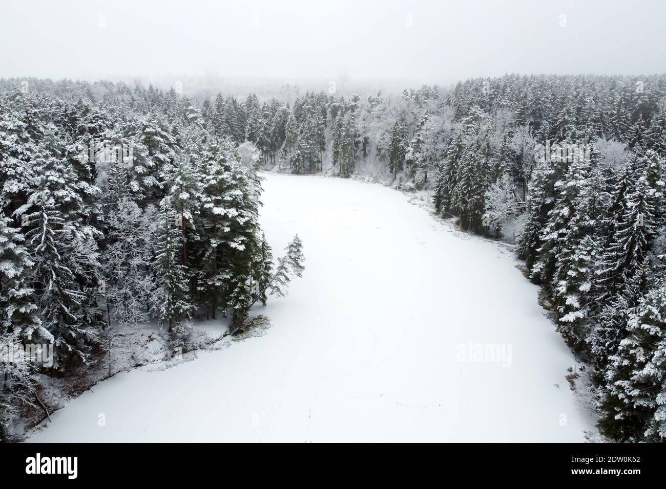 Winterwald mit verschneiten Bäumen, Luftaufnahme. Winterlandschaft, Luftlandschaft mit gefrorenem Fluss, Bäume bedeckt weißen Schnee Stockfoto