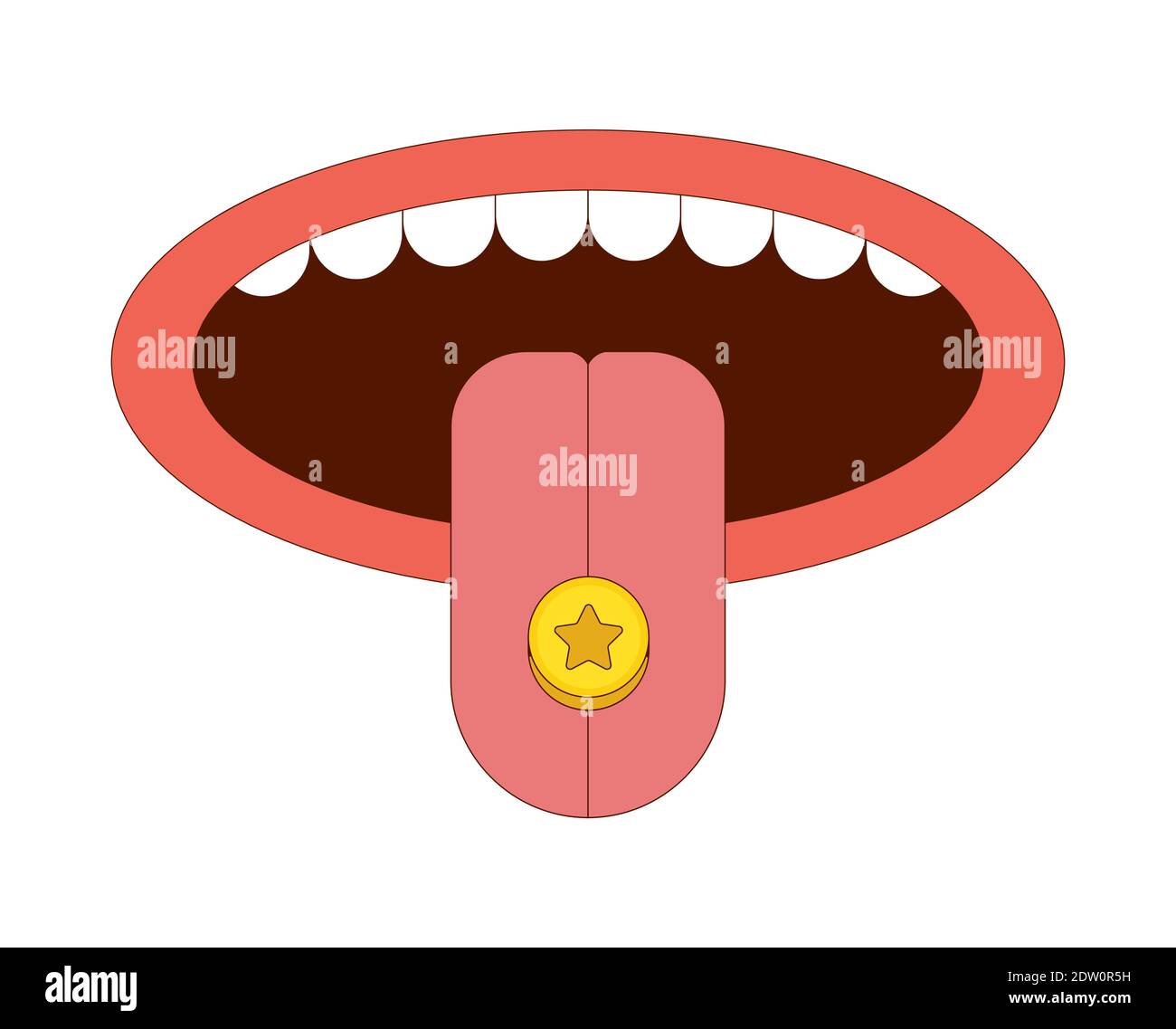 Zunge mit Drogen Ecstasy Pille Vektor-Illustration in Cartoon-Stil. MDMA auf der Zunge mit gelbem Sternsymbol. Isoliert auf weißem Hintergrund Stock Vektor