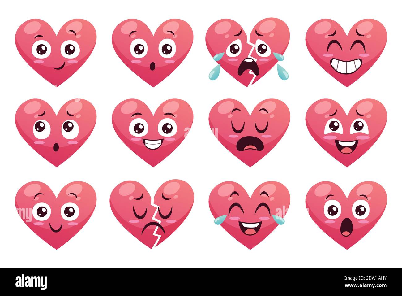Sammlung von lustigen Herz Emoticons isoliert auf weißem Hintergrund. Cartoon-Stil. EPS 10 Vektorgrafik. Stock Vektor