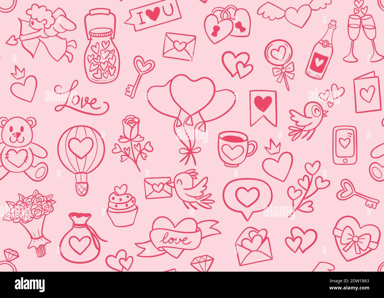 Handgezeichnetes nahtloses Muster zum Valentinstag. Cute Doodle Element Kollektion. Schöne rosa Hintergrund. Vektorgrafik. Stock Vektor