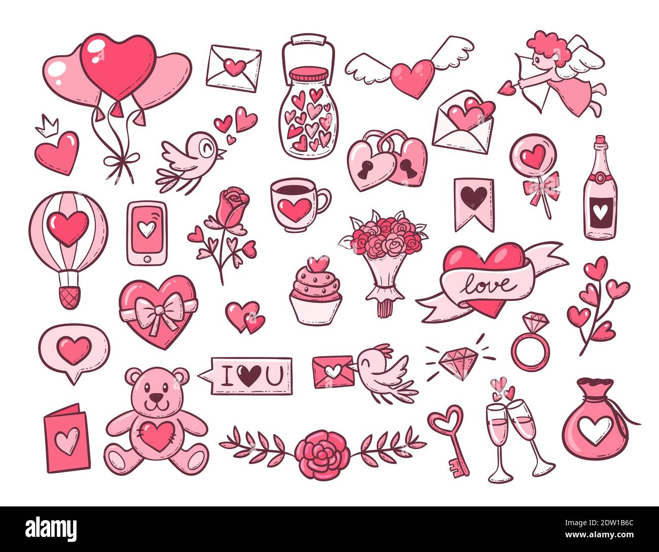 Handgezeichnete Objekte zum Valentinstag. Niedliche und rosa Elemente isoliert auf weiß. EPS 10 Vektorgrafik. Stock Vektor